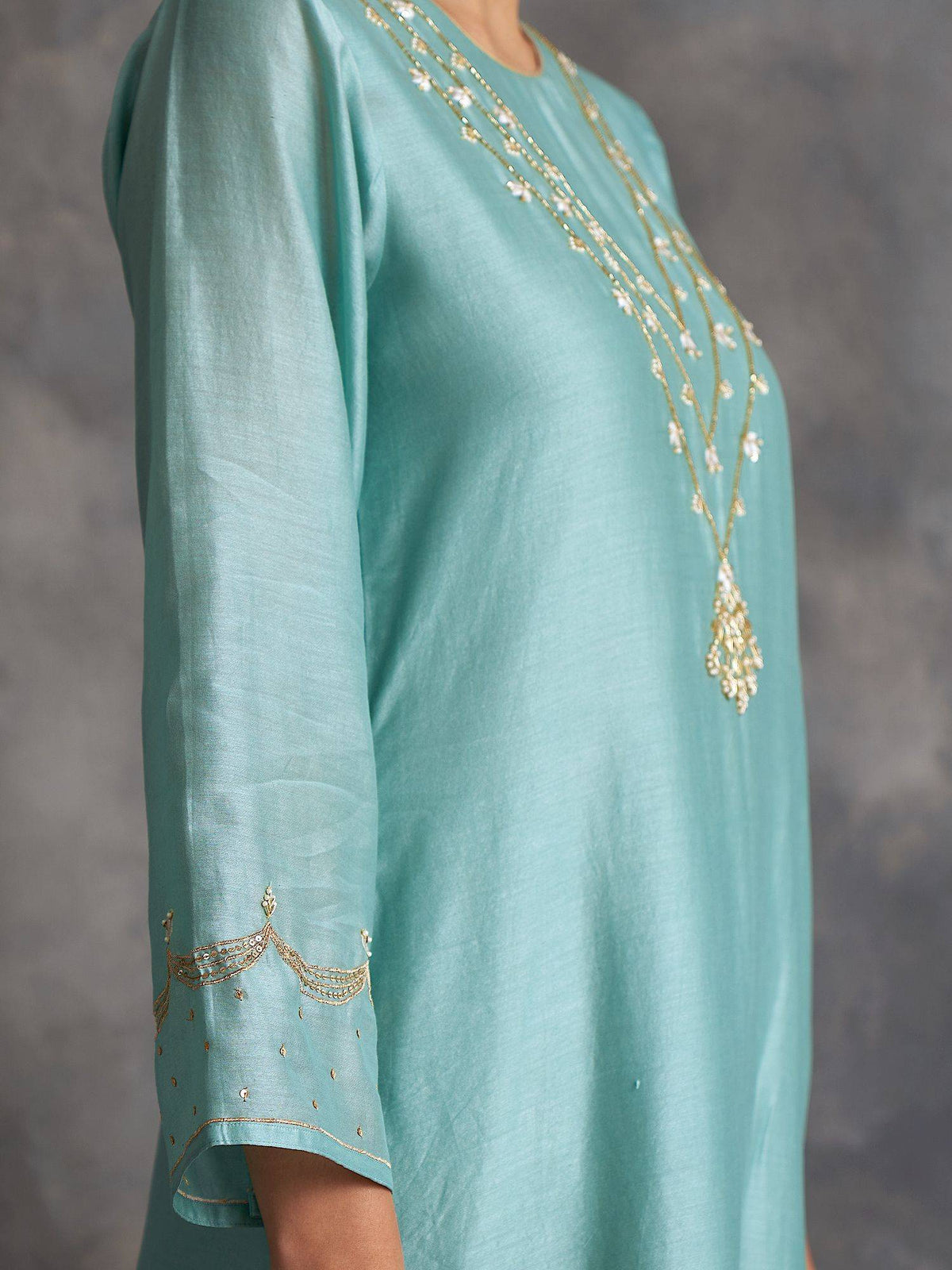Blue Silk Chanderi A-Line Kurta With Hand Embroidery | U3S - view 5