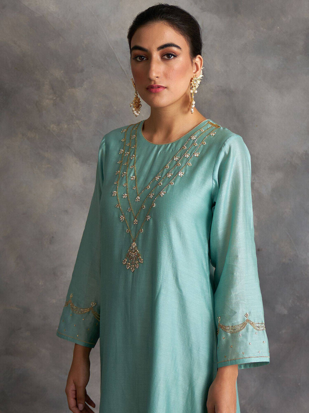 Blue Silk Chanderi A-Line Kurta With Hand Embroidery | U3S - view 6