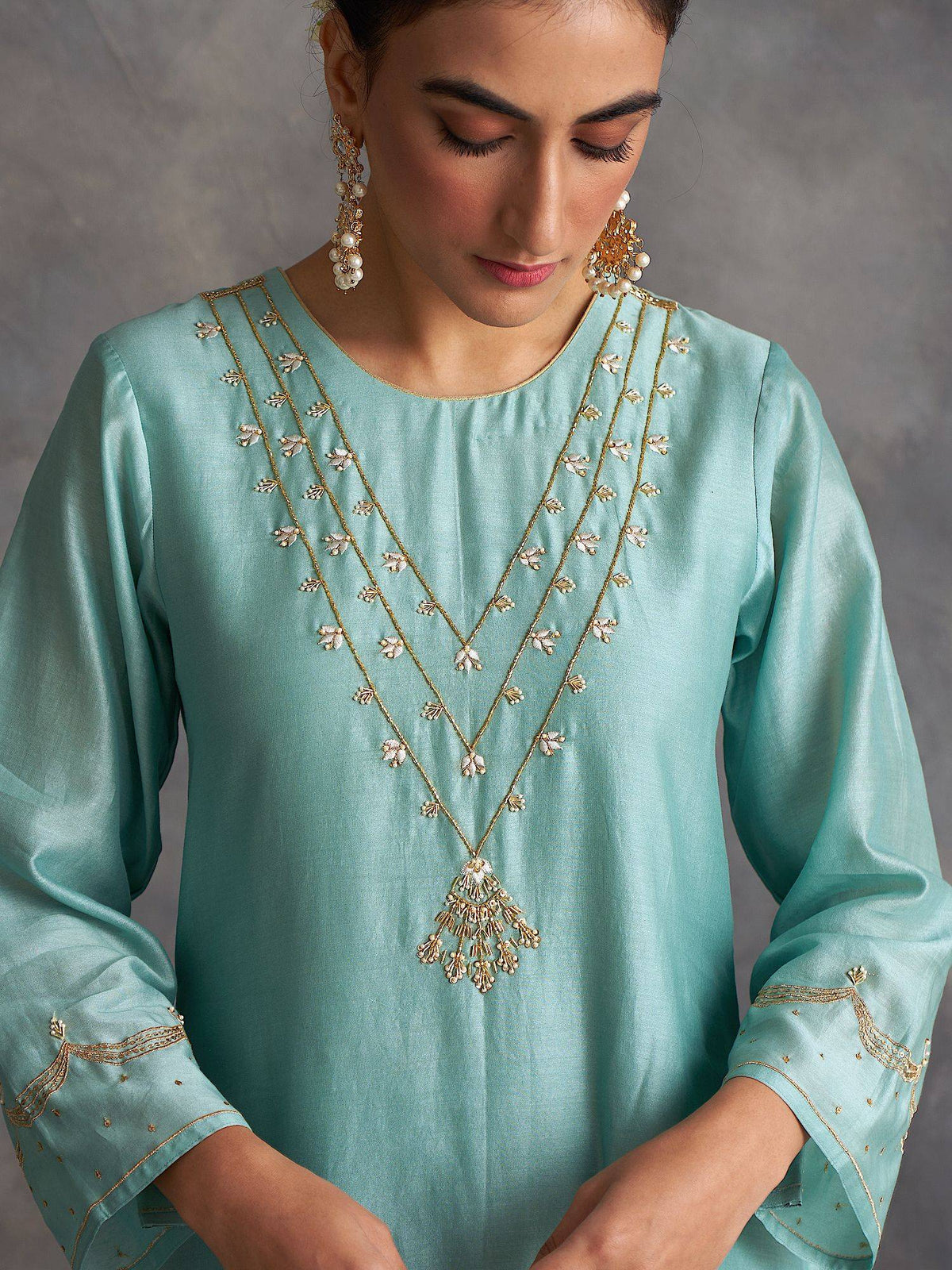 Blue Silk Chanderi A-Line Kurta With Hand Embroidery | U3S - view 7
