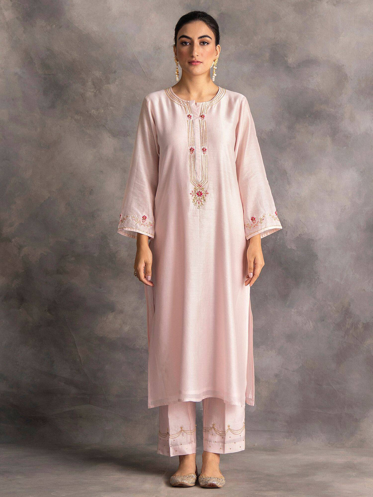 Pastel Pink Silk Chanderi A-Line Kurta With Hand Embroidery | U3S - view 1