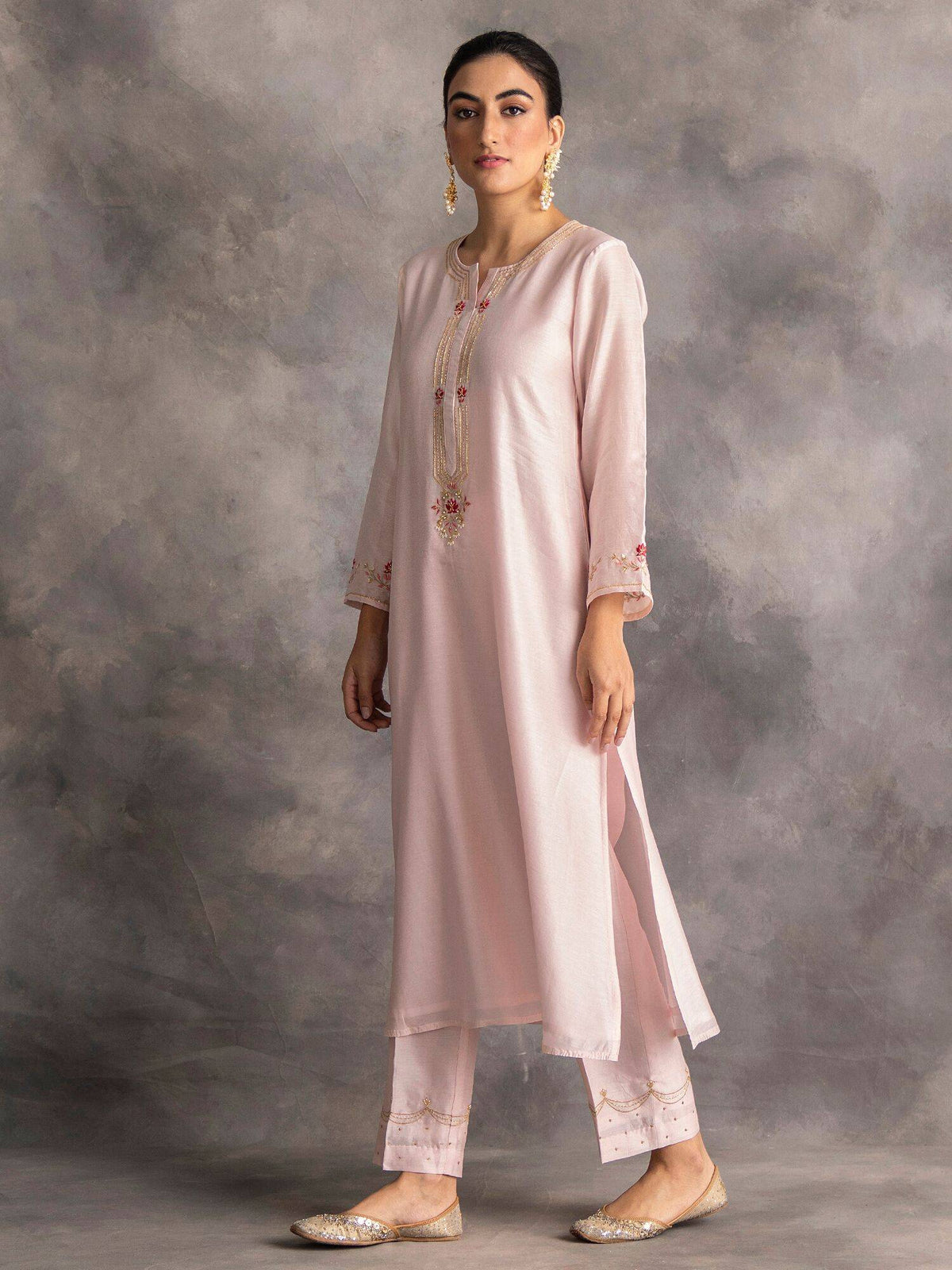 Pastel Pink Silk Chanderi A-Line Kurta With Hand Embroidery | KDG - view 2