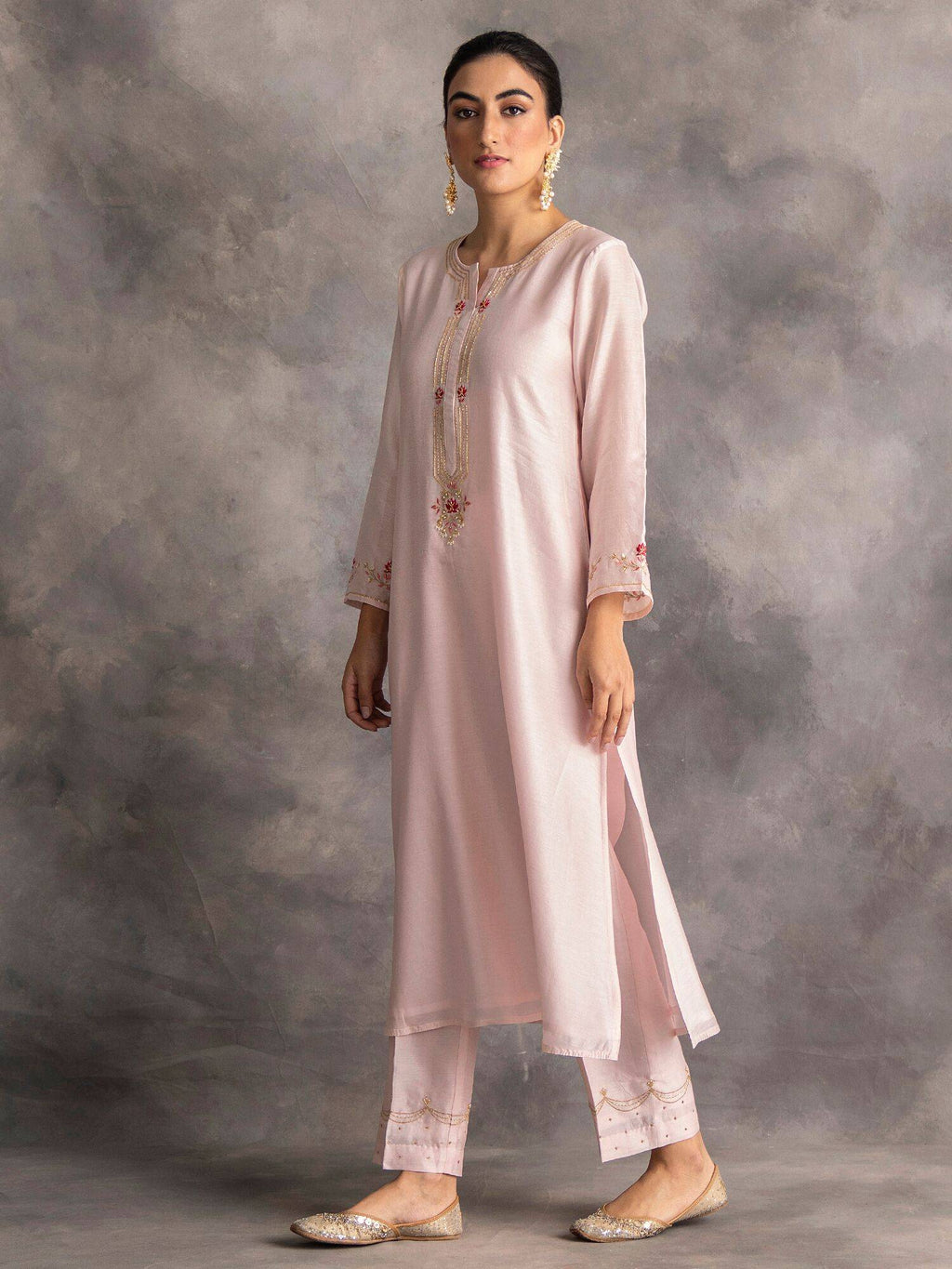 Pastel Pink Silk Chanderi A-Line Kurta With Hand Embroidery | U3S - view 2