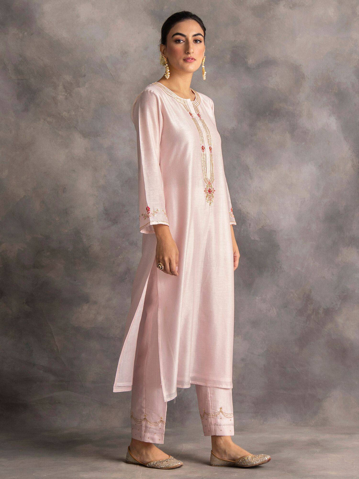 Pastel Pink Silk Chanderi A-Line Kurta With Hand Embroidery | KDG - view 3