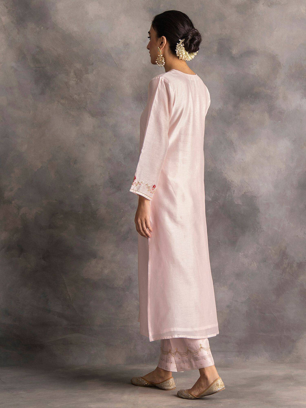 Pastel Pink Silk Chanderi A-Line Kurta With Hand Embroidery | FY93 - view 4