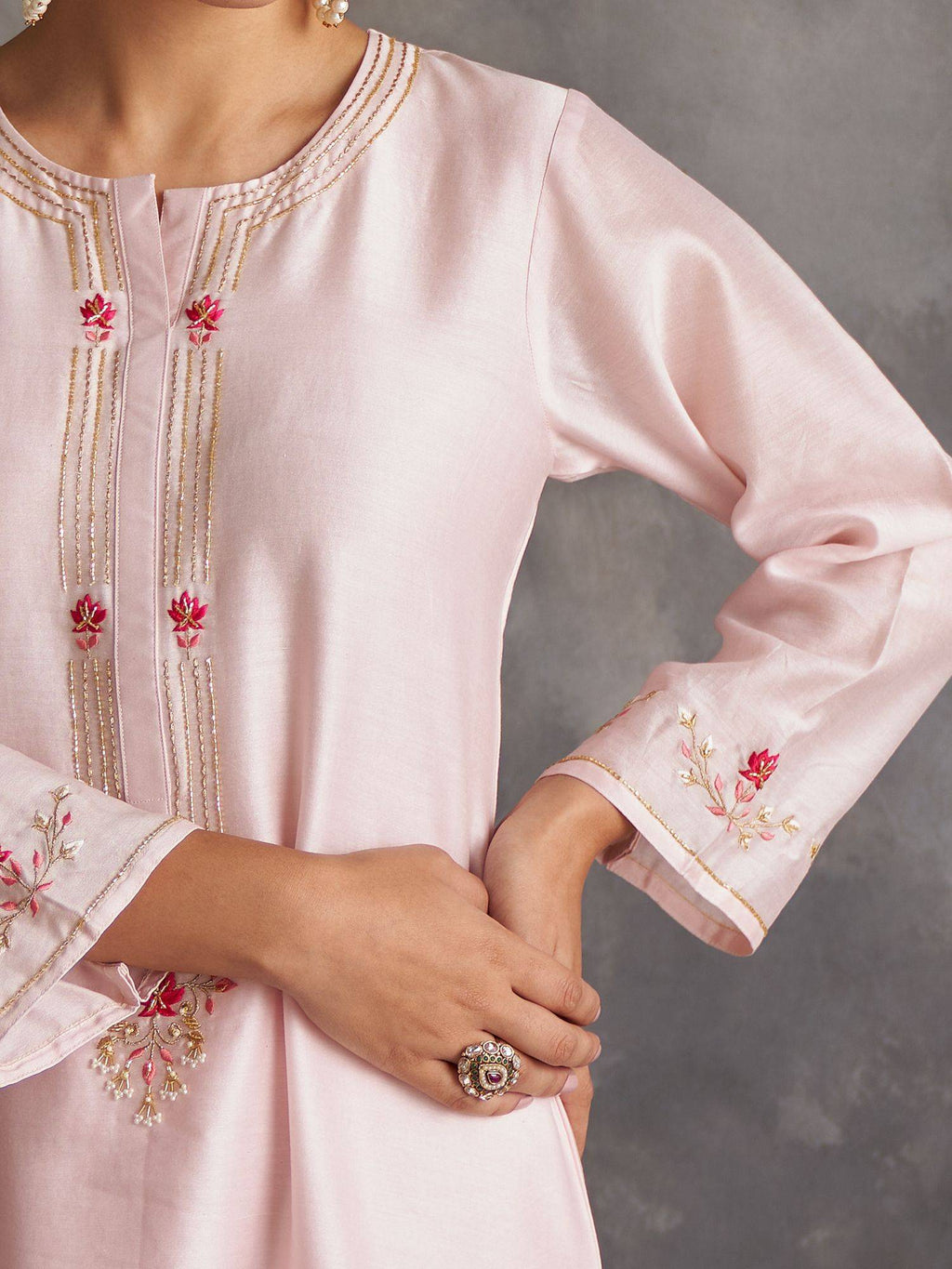 Pastel Pink Silk Chanderi A-Line Kurta With Hand Embroidery | FY93 - view 5