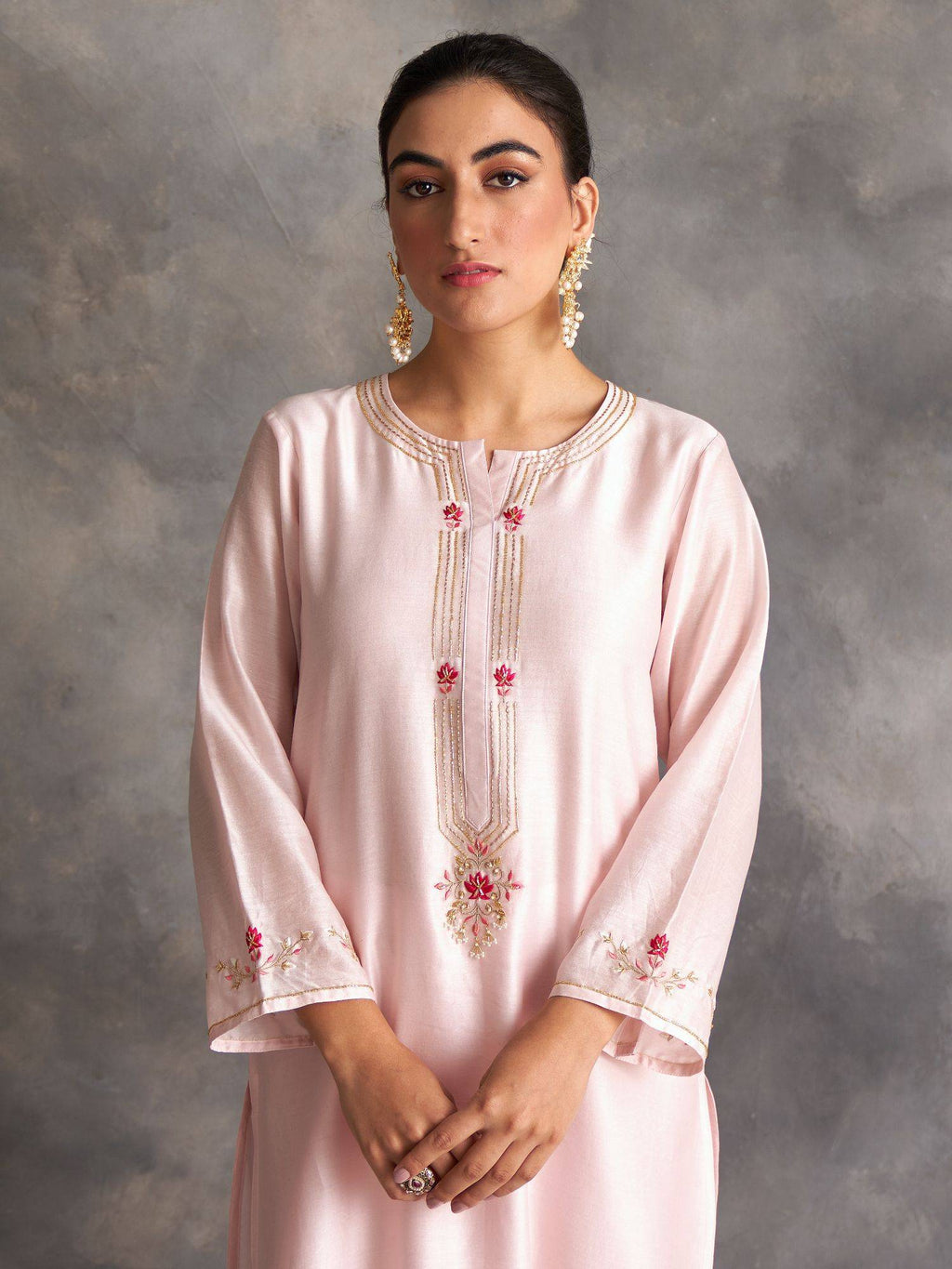 Pastel Pink Silk Chanderi A-Line Kurta With Hand Embroidery | FY93 - view 6