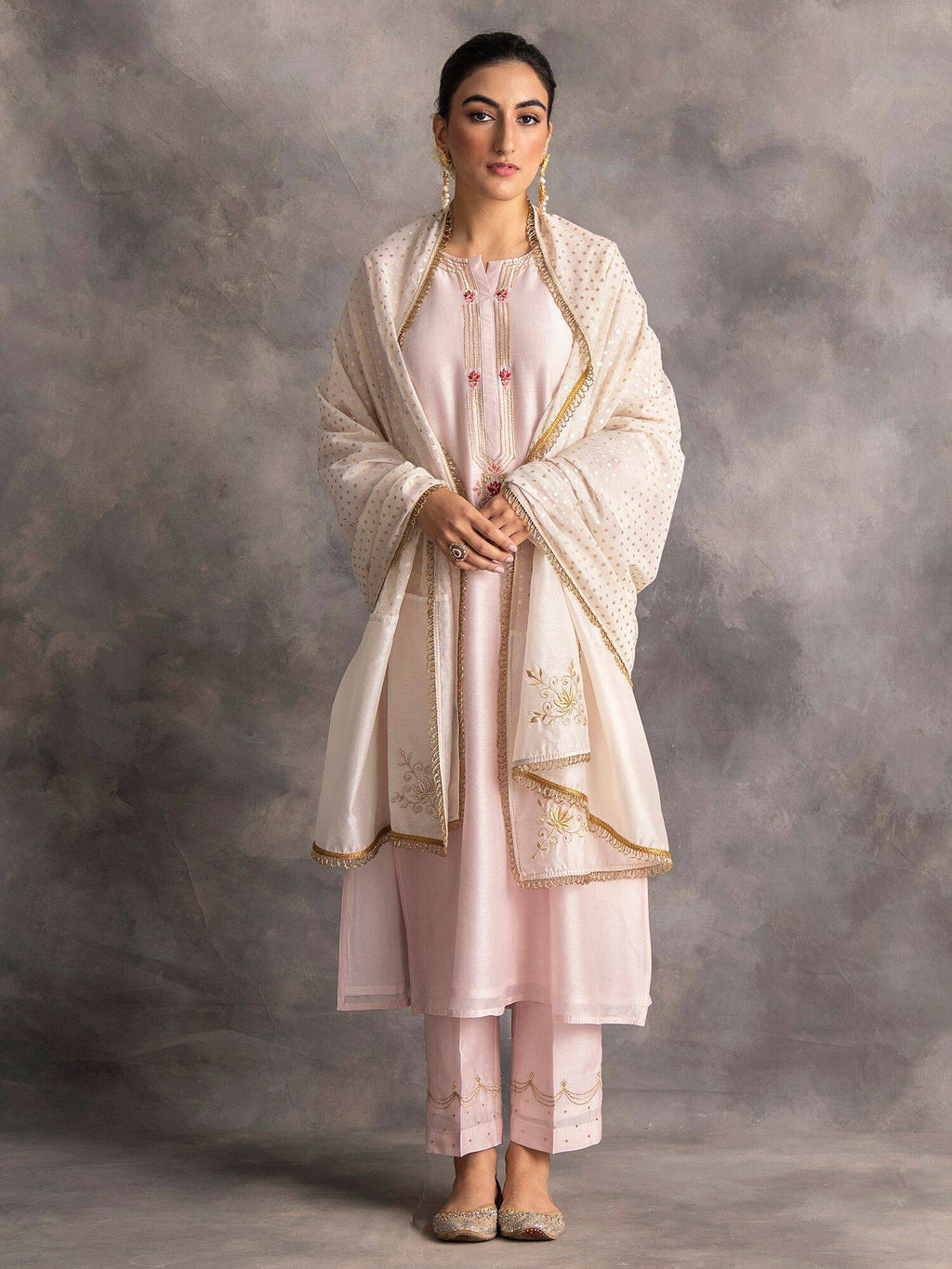 Pastel Pink Silk Chanderi A-Line Kurta With Hand Embroidery | KDG - view 7