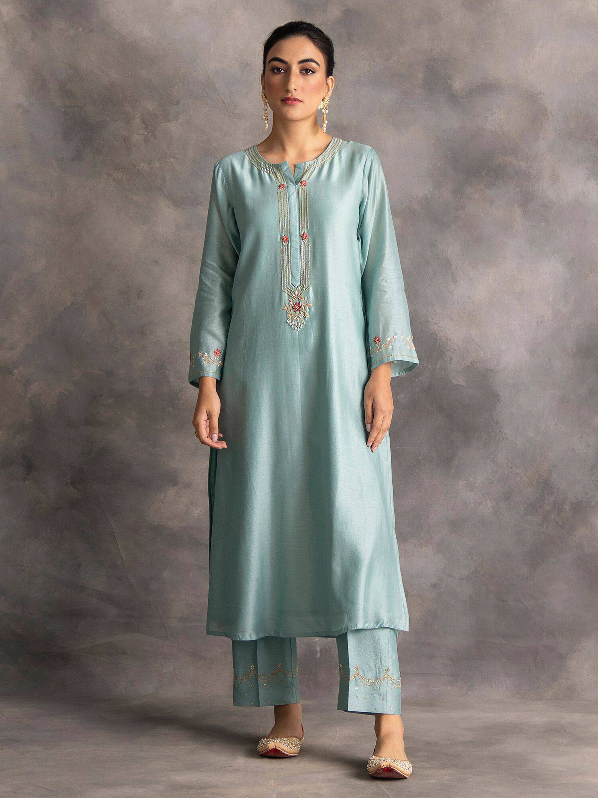 Pastel Pink Silk Chanderi A-Line Kurta With Hand Embroidery | KDG - view 9