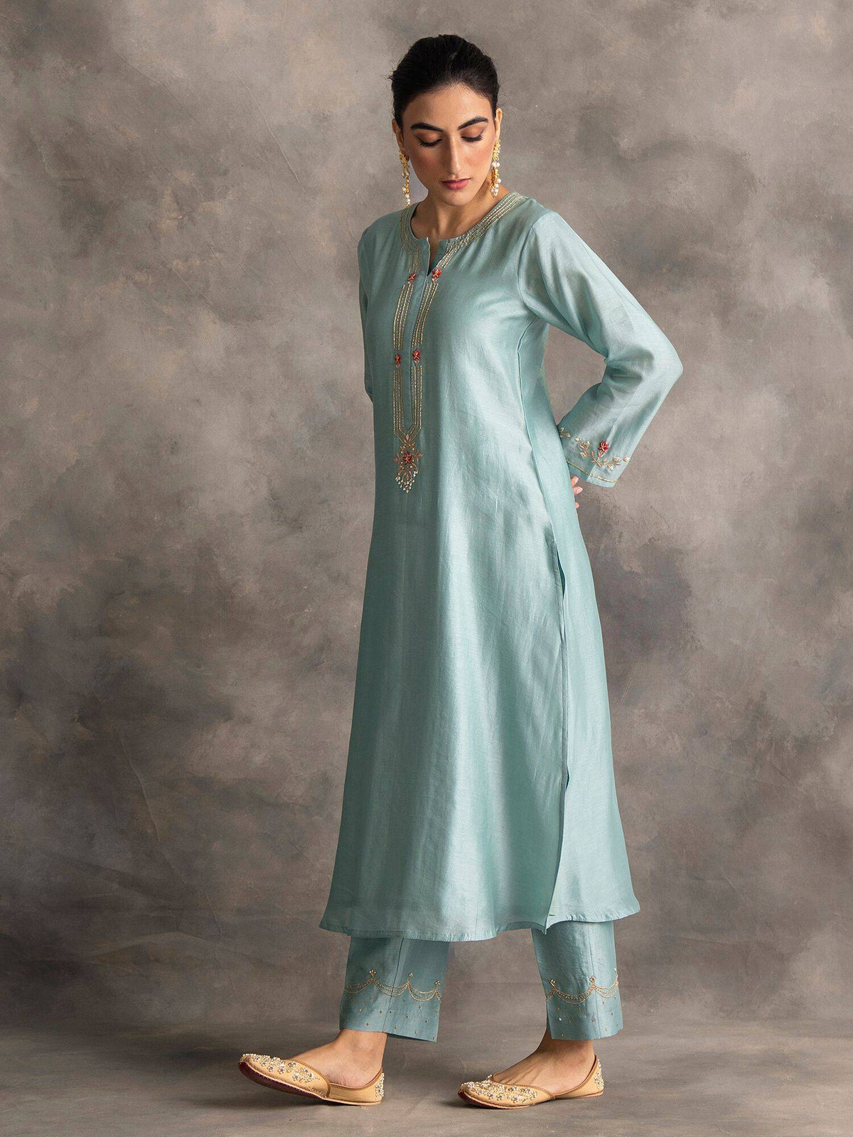 Pastel Pink Silk Chanderi A-Line Kurta With Hand Embroidery | KDG - view 10