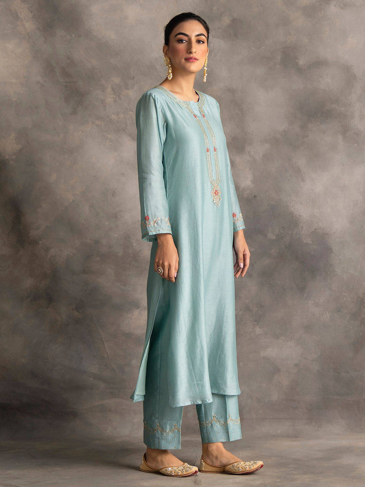 Pastel Pink Silk Chanderi A-Line Kurta With Hand Embroidery | KDG - view 11