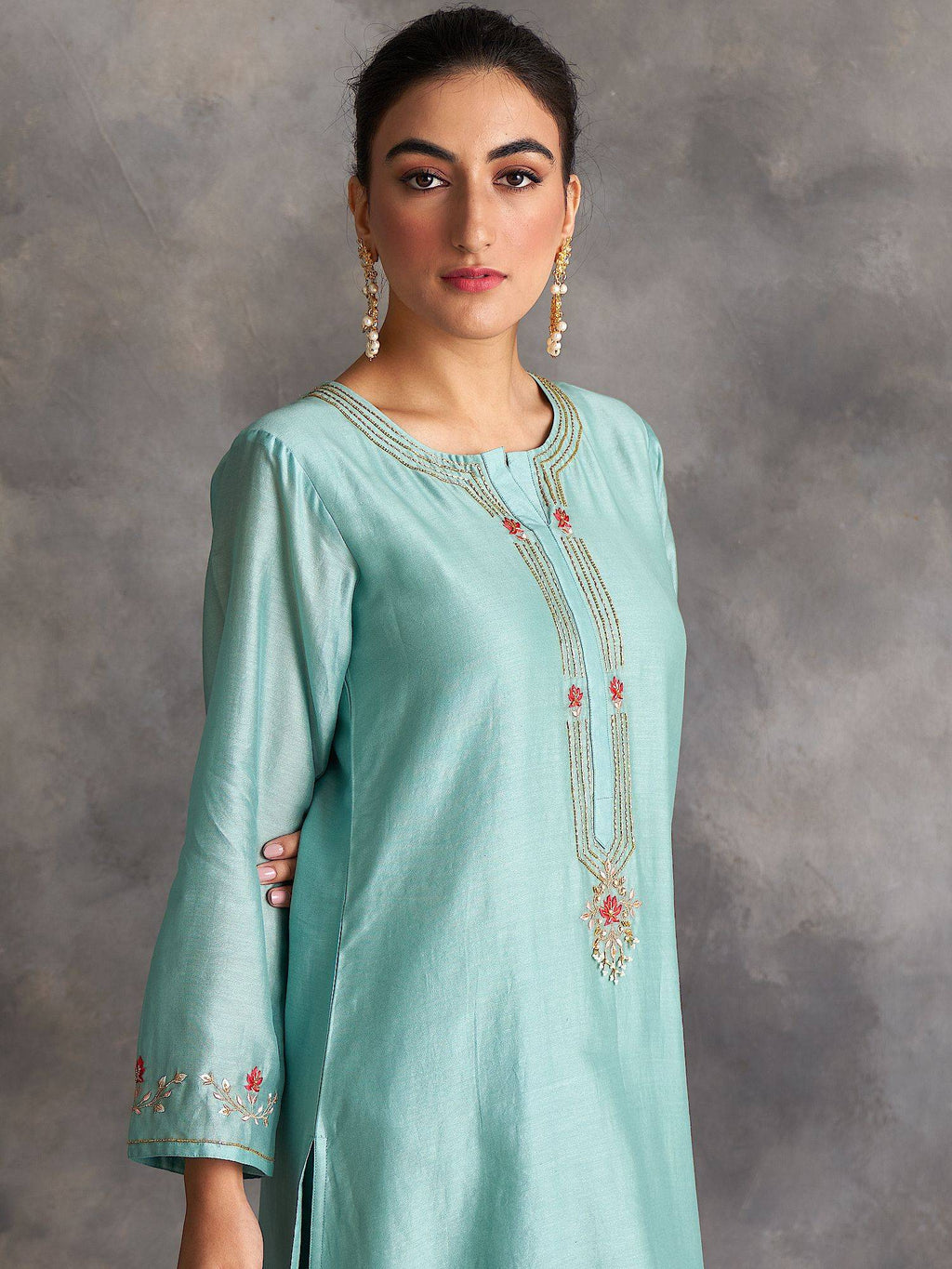 Pastel Pink Silk Chanderi A-Line Kurta With Hand Embroidery | KDG - view 12