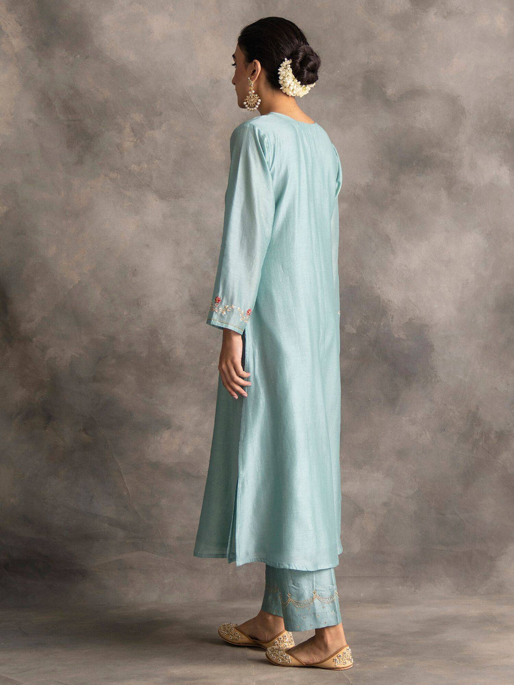 Pastel Pink Silk Chanderi A-Line Kurta With Hand Embroidery | KDG - view 13