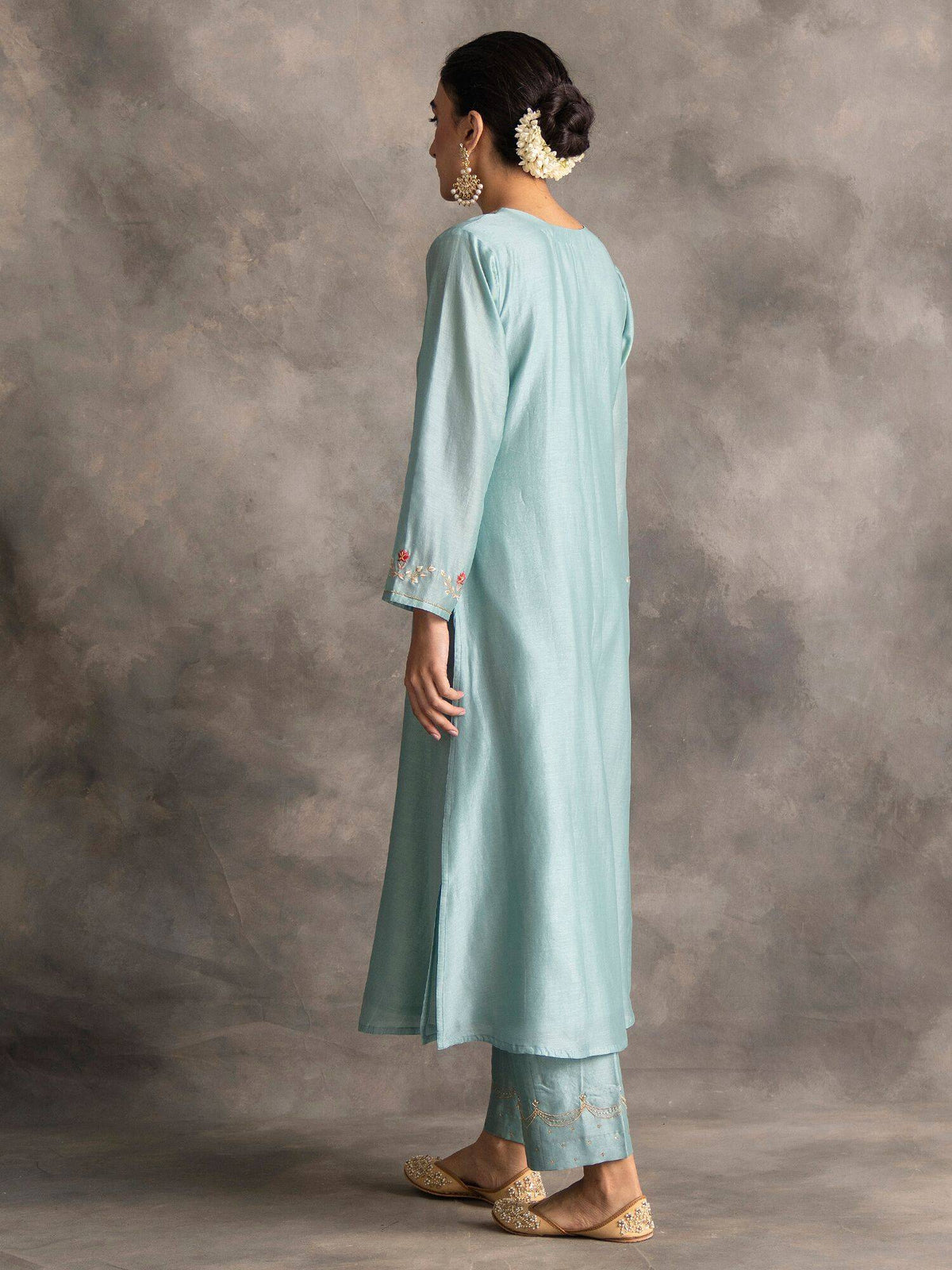 Pastel Pink Silk Chanderi A-Line Kurta With Hand Embroidery | KDG - view 13
