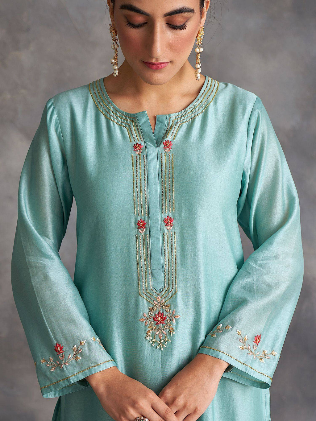 Pastel Pink Silk Chanderi A-Line Kurta With Hand Embroidery | KDG - view 15