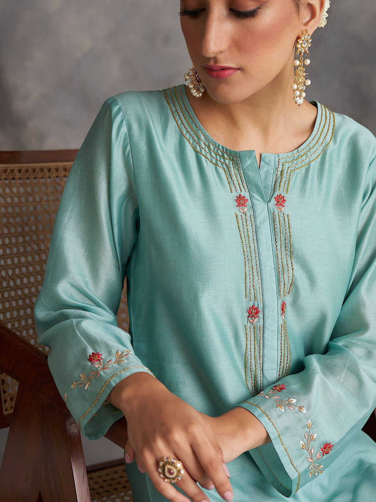 Pastel Pink Silk Chanderi A-Line Kurta With Hand Embroidery | KDG - view 16