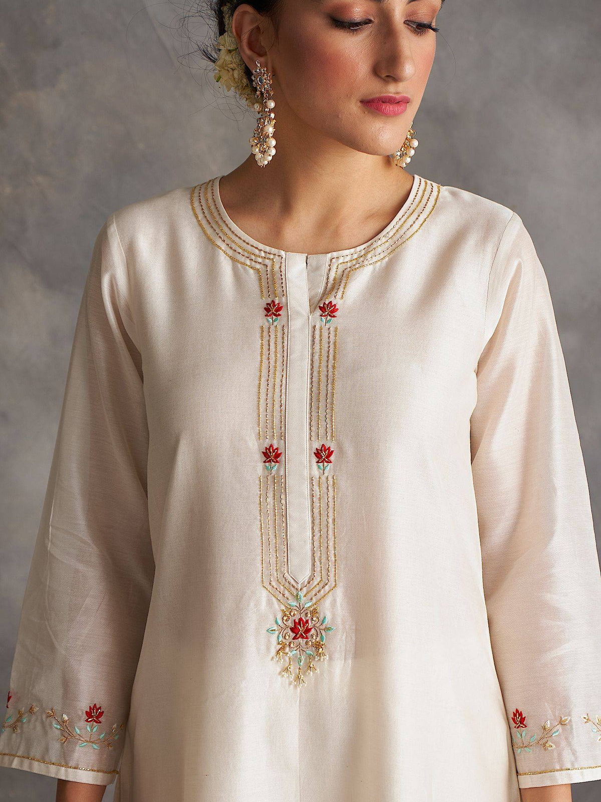 Pastel Pink Silk Chanderi A-Line Kurta With Hand Embroidery | FY93 - view 22