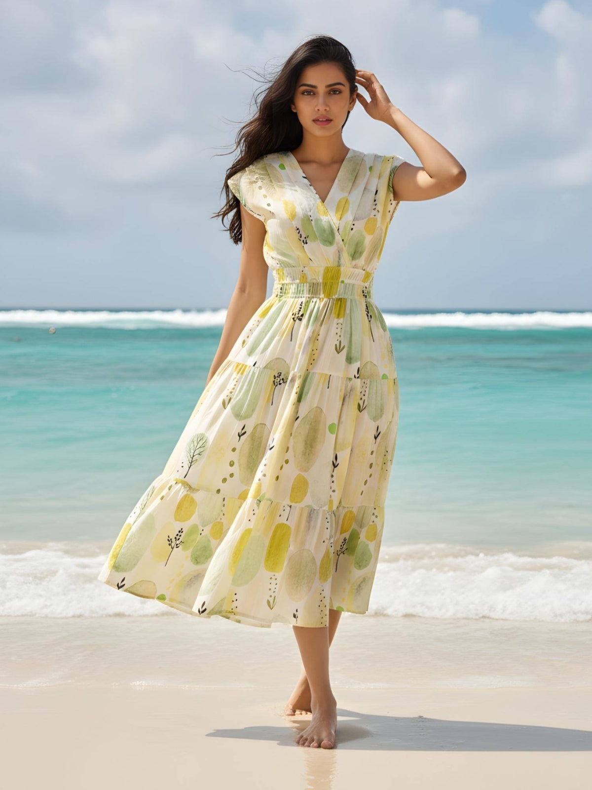 Women Green-Yellow Premium Cotton Printed Dress | D56 - view 1