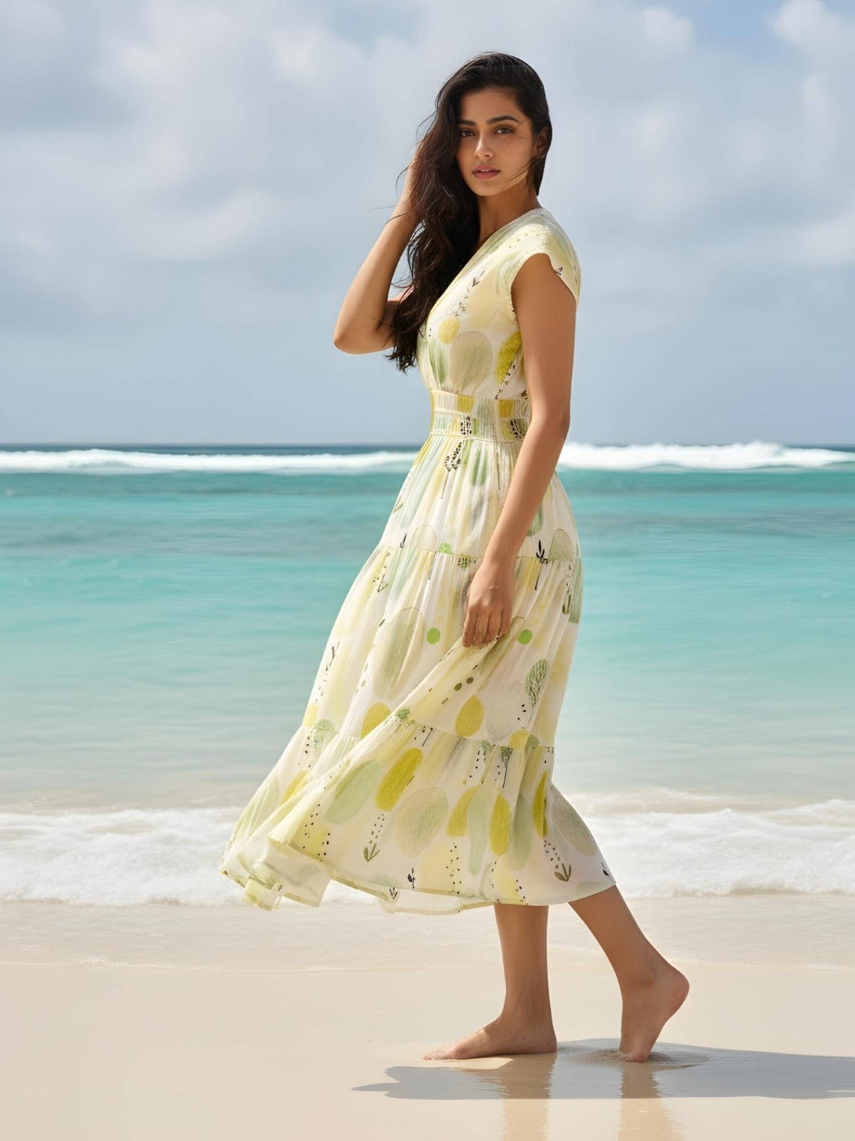 Women Green-Yellow Premium Cotton Printed Dress | D56 - view 3