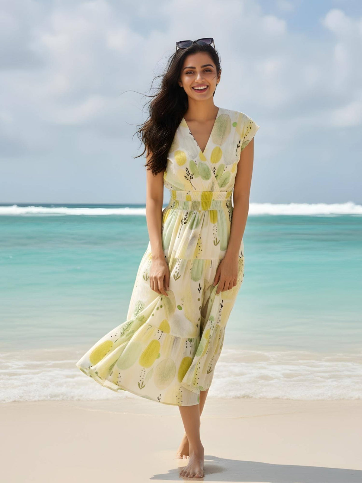 Women Green-Yellow Premium Cotton Printed Dress | D56 - view 5