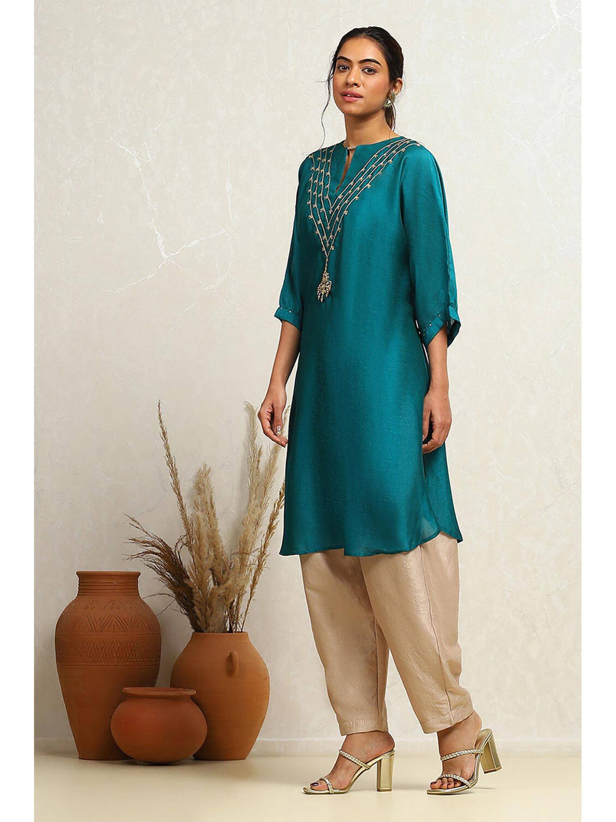 Emerald Green Polyester Straight Kurta | U3S - view 3