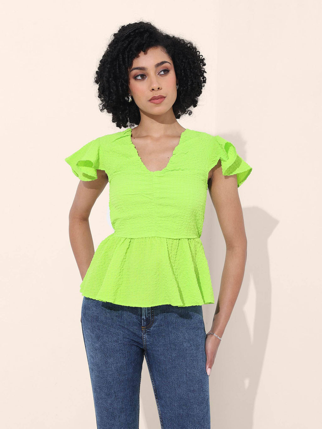 Green Textured V-Neck Peplum Top | pt51 - view 1