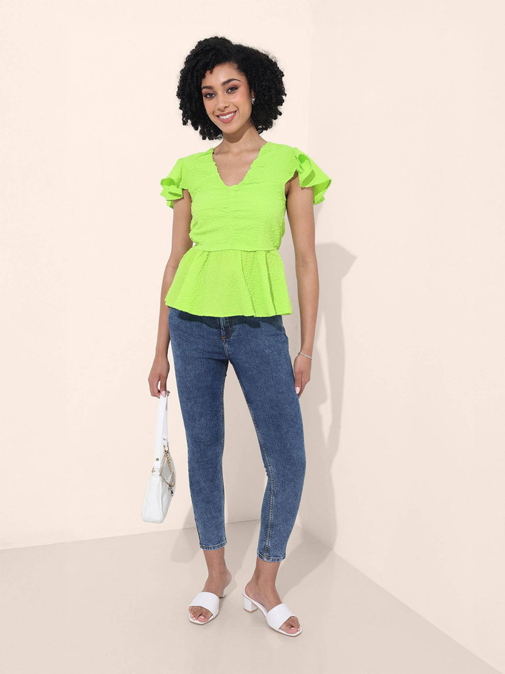 Green Textured V-Neck Peplum Top | pt51 - view 2