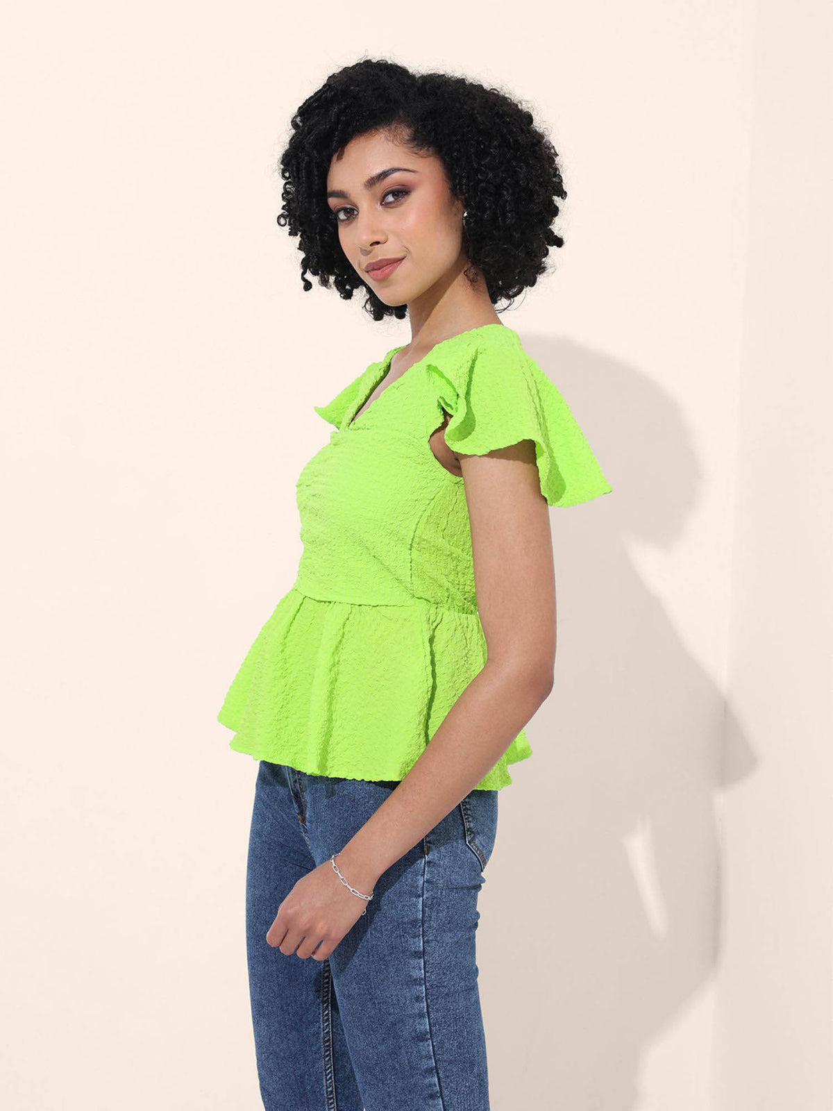 Blue Textured V-Neck Peplum Top | pt51 - view 10