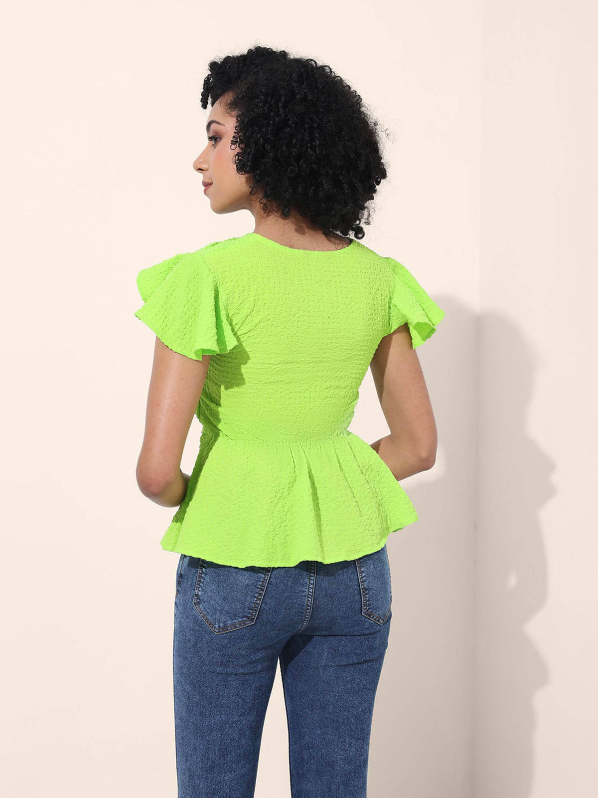 Green Textured V-Neck Peplum Top | pt51 - view 6