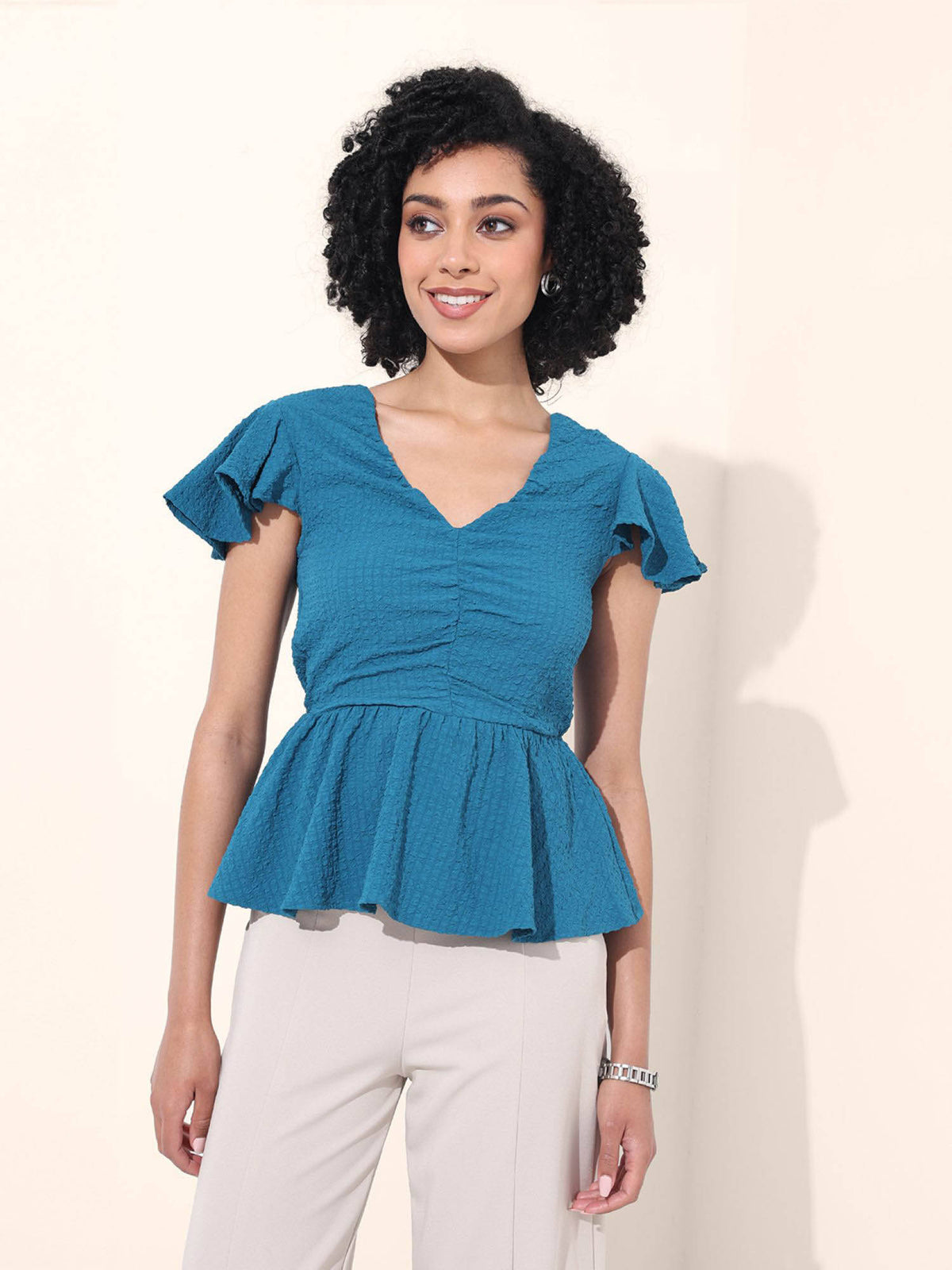 Blue Textured V-Neck Peplum Top | pt51 - view 1