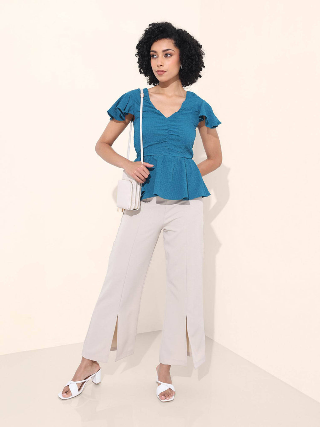 Blue Textured V-Neck Peplum Top | pt51 - view 2