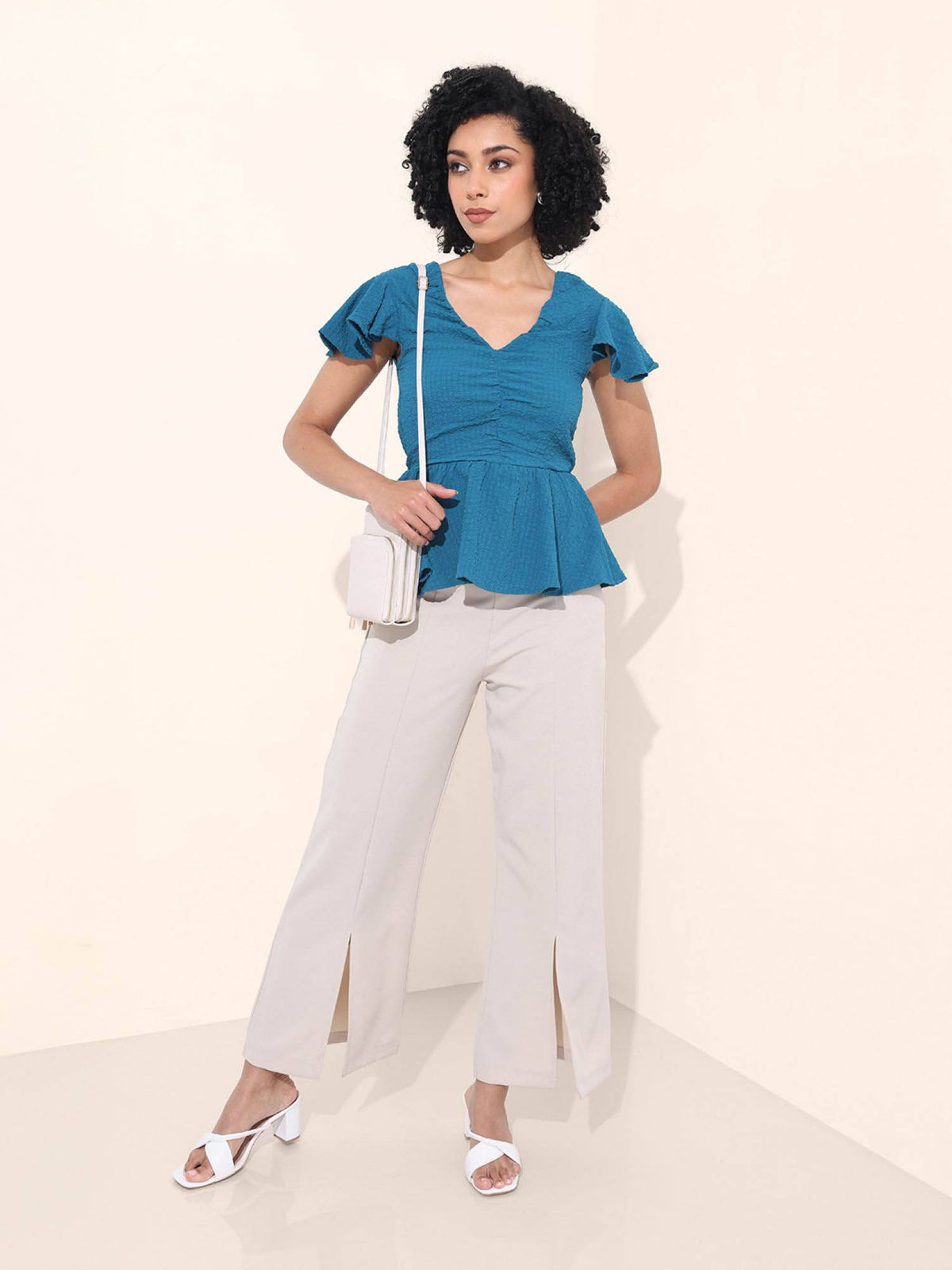 Blue Textured V-Neck Peplum Top | pt51 - view 2