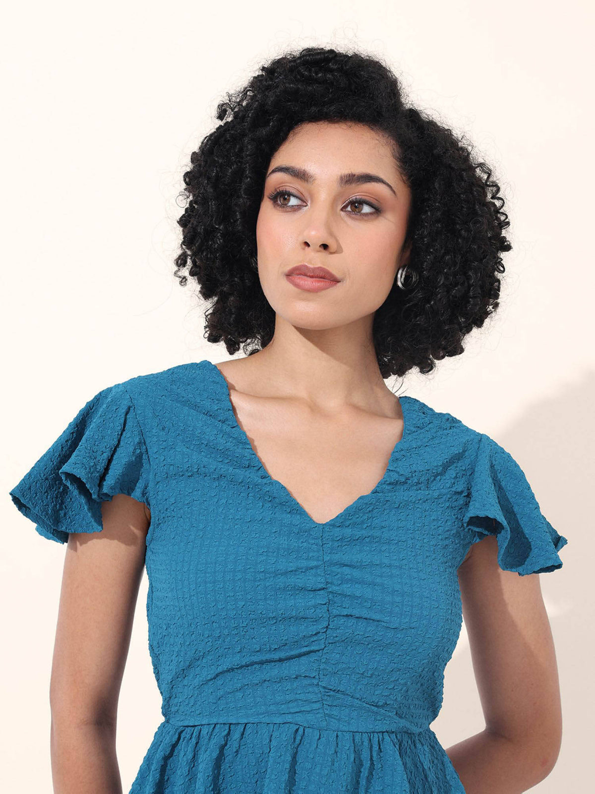 Blue Textured V-Neck Peplum Top | pt51 - view 5
