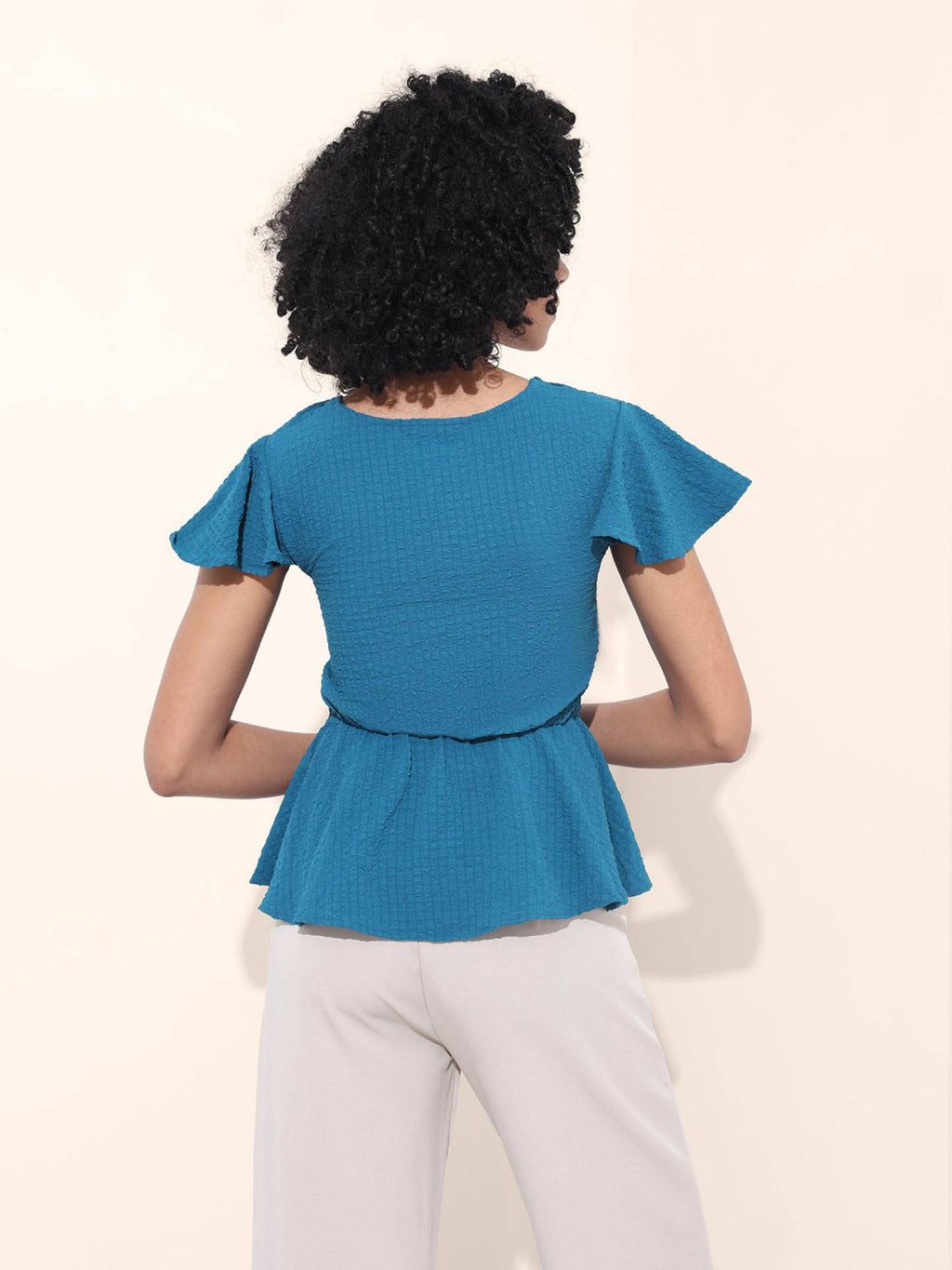Blue Textured V-Neck Peplum Top | pt51 - view 6