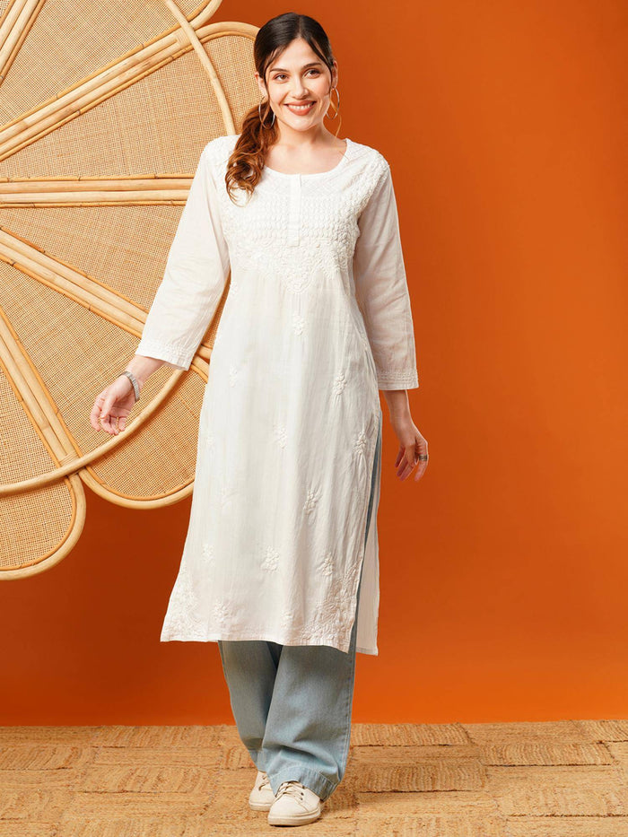 Hand Embroidered White Lucknowi Chikankari Cotton Kurta [A100376] | FY93 - view 1