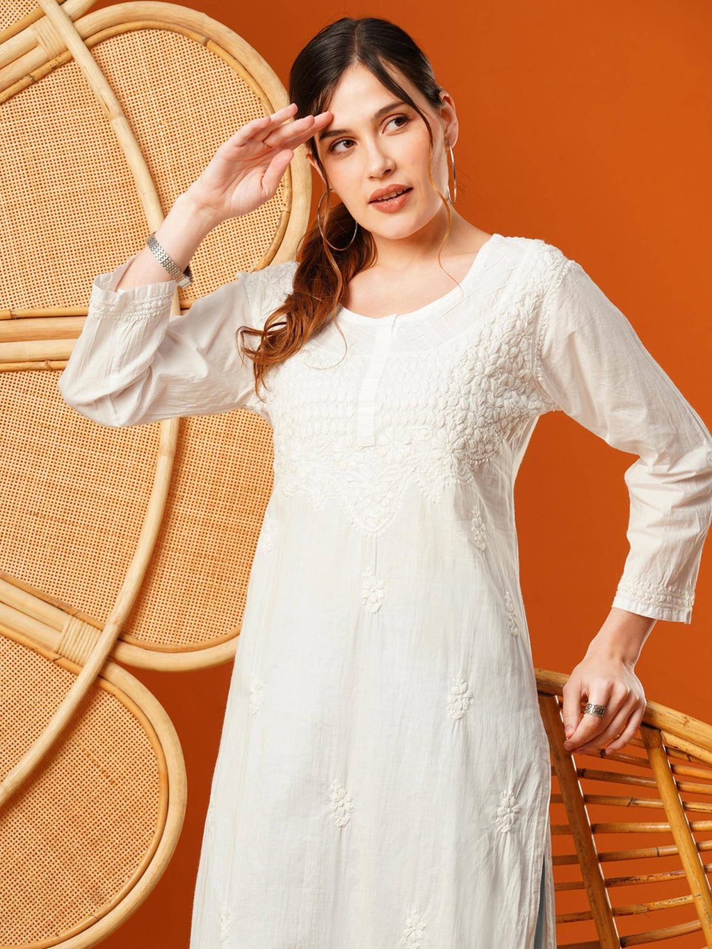 Hand Embroidered White Lucknowi Chikankari Cotton Kurta [A100376] | KDG - view 4