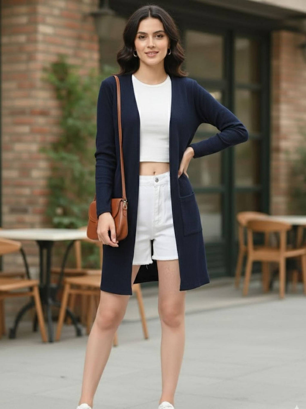 Women Navy Blue Waffle Solid Textured Long Shrug | JC78 - view 4