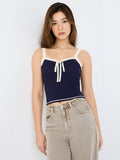 Nuon Navy Bow-Detail Ribbed-Textured Top