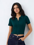 Nuon Dark Green Ribbed Zipper-Front Top
