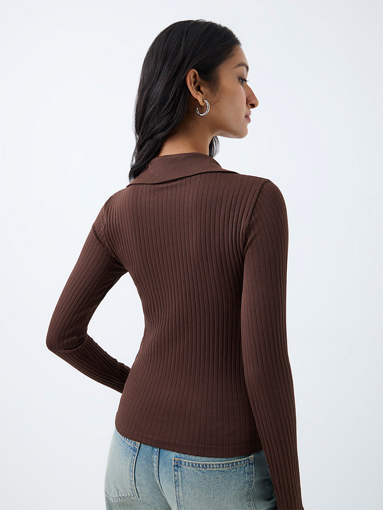 Nuon Dark Brown Ribbed-Textured Top