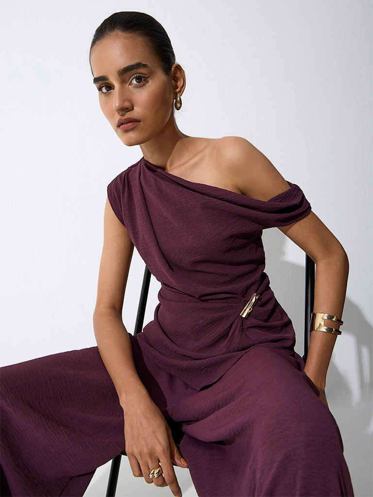 Wardrobe Dark Plum Textured One-Shoulder Top