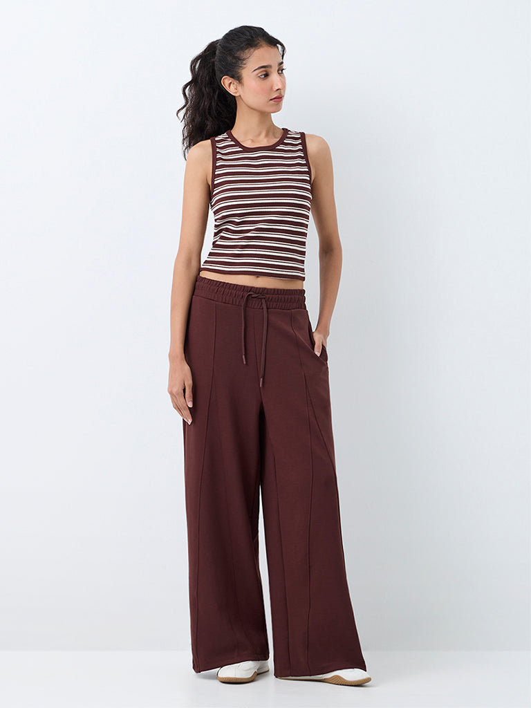 Nuoflexx Brown Striped Cotton-Blend Top