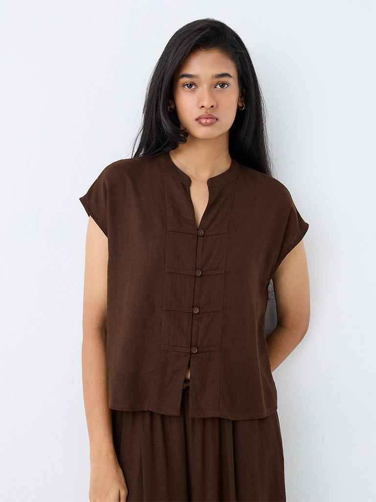 LOV Brown Solid Imitation Frog Fastening Blouse