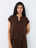 LOV Brown Solid Imitation Frog Fastening Blouse