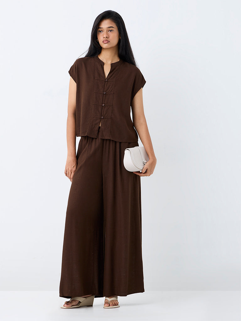 LOV Brown Solid Imitation Frog Fastening Blouse
