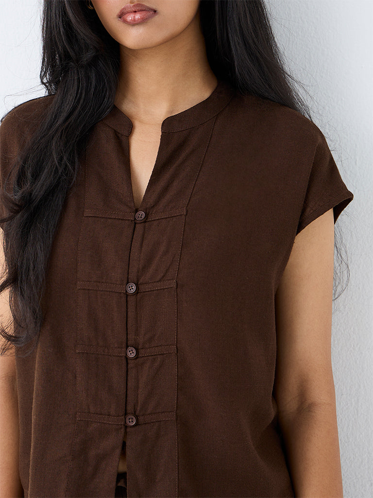 LOV Brown Solid Imitation Frog Fastening Blouse