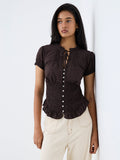 LOV Dark Brown Striped Smocked Top