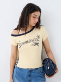 Nuon Yellow Text-Printed One-Shoulder Cotton Top