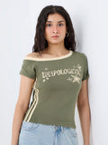 Nuon Olive Typographic One-Shoulder Cotton Top