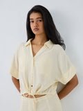 LOV Light Yellow Drawstring-Detail Linen-Blend Blouse