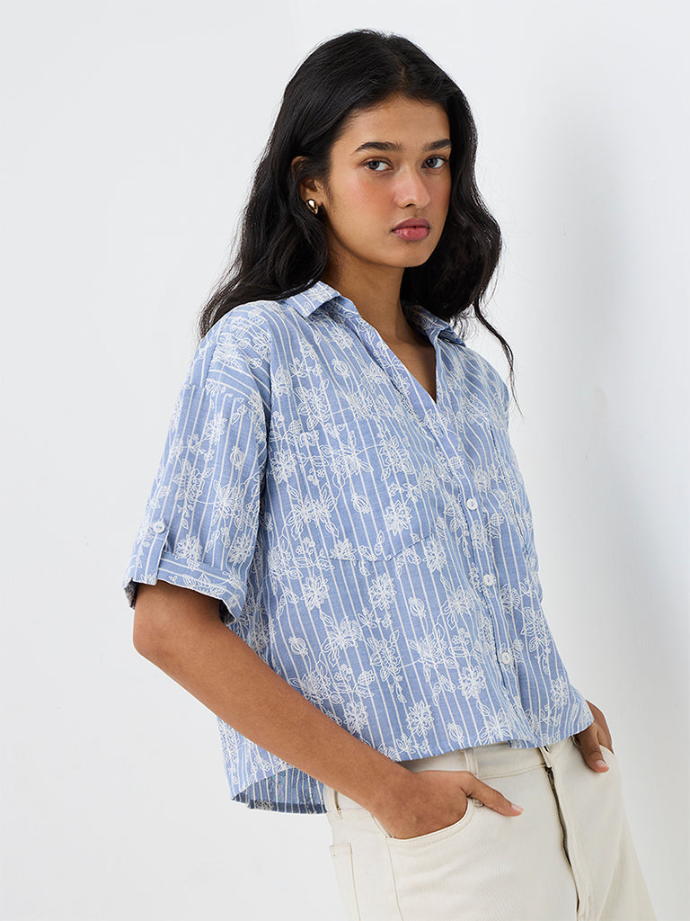 LOV Blue Floral Embroidered Cotton-Blend Shirt